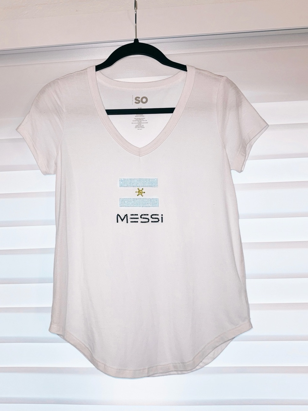 White V-Neck Rhinestones MESSI Argentina Short Sleeve Tee